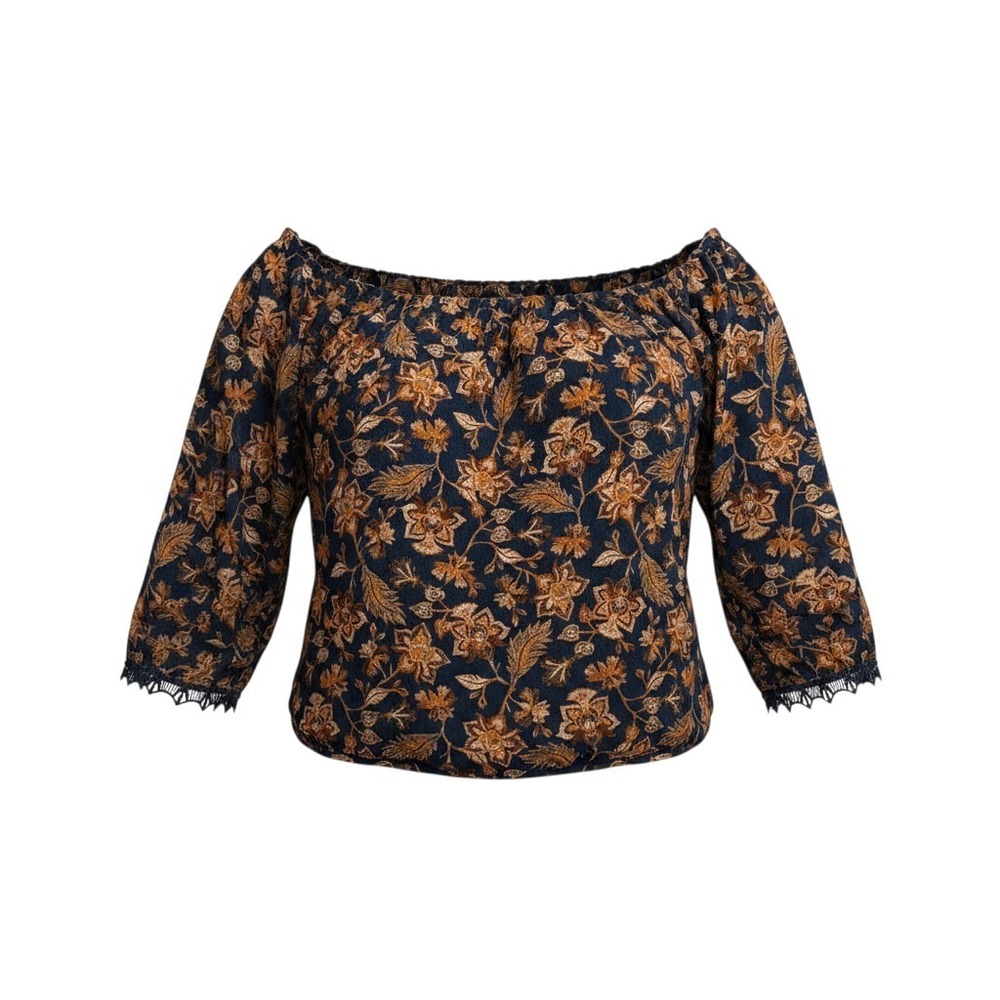 Knox Rose Off The Shoulder Blouse XXL Navy Floral Crochet Lace Trim Boho Top - Picture 2 of 8